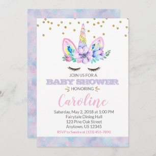 Pink & Purple Watercolor Style Unicorn Baby Shower Invitation