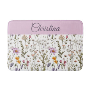 Pink Purple Watercolor Wildflower Bath Mat
