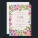 Pink Purple Watercolor Wildflowers 30th Birthday Invitation<br><div class="desc">Women's 30th birthday party invitation with pretty boho-style watercolor wildflowers in purple and pink with greenery and foliage.  Personalised with your own text. Contact me for assistance with your customisations or to request additional matching or coordinating Zazzle products for your party.</div>