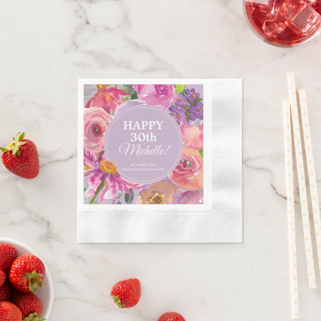 Pink Purple Watercolor Wildflowers 30th Birthday Napkin (Insitu)