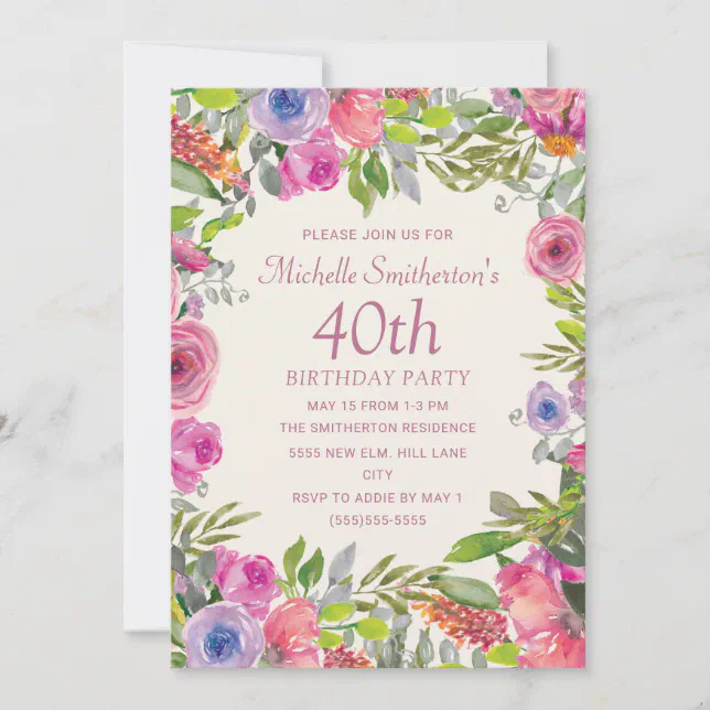 Pink Purple Watercolor Wildflowers 40th Birthday Invitation | Zazzle