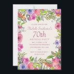 Pink Purple Watercolor Wildflowers 70th Birthday Invitation<br><div class="desc">Women's 70th birthday party invitation with pretty boho-style watercolor wildflowers in purple and pink with greenery and foliage.  Personalised with your own text. Contact me for assistance with your customisations or to request additional matching or coordinating Zazzle products for your party.</div>