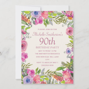 Pink Purple Watercolor Wildflowers 90th Birthday Invitation