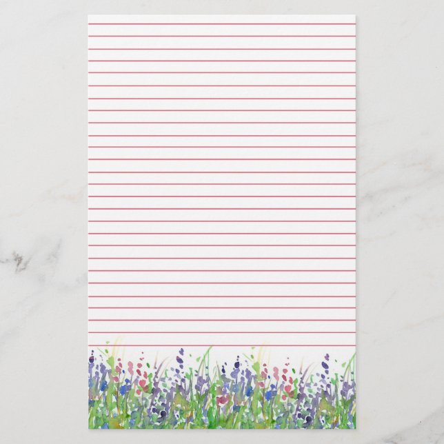Pink Purple Watercolor Wildflowers Lined Stationery (Front)
