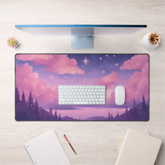 Pink Purple Whimsical Kawaii Clouds Mousepad Desk Mat