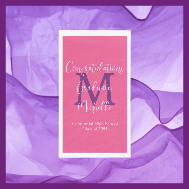 Pink Purple White Graduation Party Name Monogram  Napkin (Creator Uploaded)