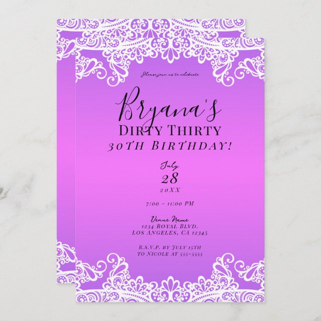 Pink & Purple White Lace Dirty 30 30th Birthday  Invitation (Front/Back)