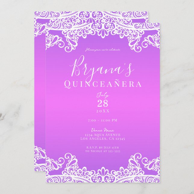 Pink Purple White Lace Elegant Quinceañera Party  Invitation (Front/Back)