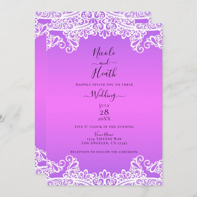 Pink Purple & White Lace Elegant Wedding  Invitation (Front/Back)