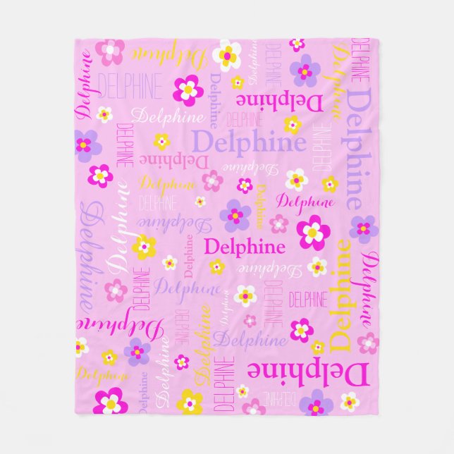 Pink, purple white yellow text typographical fleece blanket (Front)