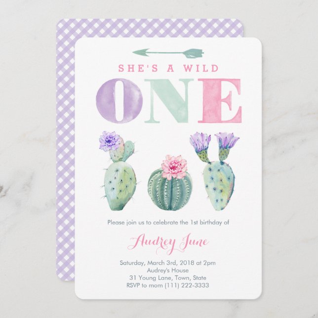 Pink Purple Wild ONE Girl First Birthday Party Invitation (Front/Back)