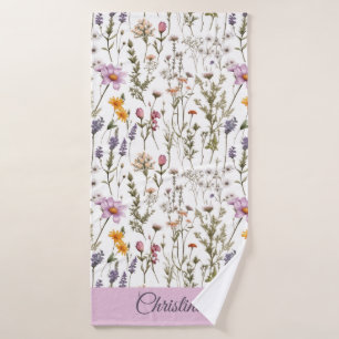 Pink Purple Wildflower Watercolor Custom Name Bath Towel