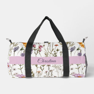 Pink Purple Wildflower Watercolor Monogram Name Duffle Bag