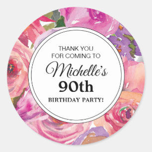 Pink Purple Wildflowers 90th Birthday Party Classic Round Sticker