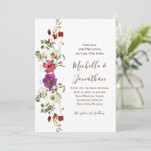 Pink Purple Wildflowers Floral Christian Wedding  Invitation