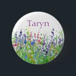 Pink Purple Wildflowers Watercolor Custom Name Tag 6 Cm Round Badge<br><div class="desc">For parties and gatherings,  a pretty custom name tag button decorated with a wildflower meadow with purple,  pink and blue flowers painted in watercolor.  You can customise the wording and name to fit your needs.</div>