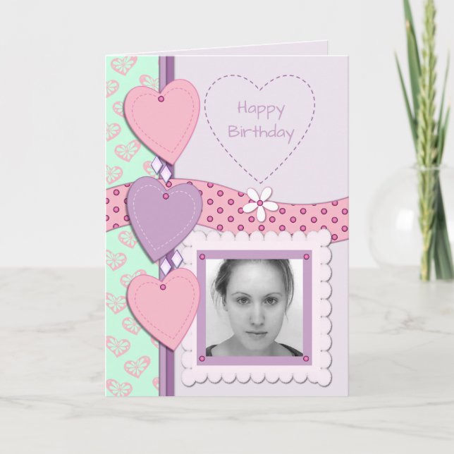 Pink & purple with hearts and photo card (Front)