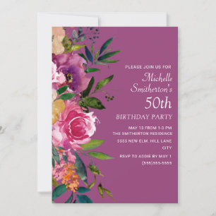 Pink Purple Yellow Floral 50th Birthday Invitation
