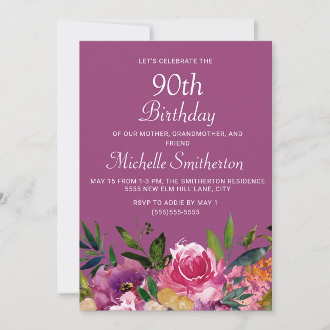 Pink Purple Yellow Floral 90th Birthday Invitation (Front)