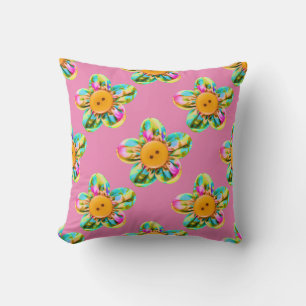 Pink, purple, yellow flowers on soft pink cushion