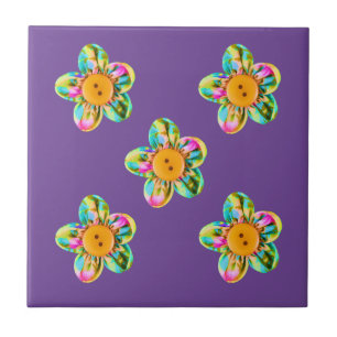 Pink, purple, yellow flowers on violet tile