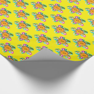 Pink, purple, yellow flowers on yellow wrapping paper