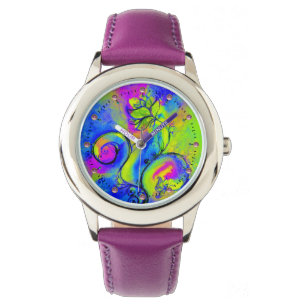 PINK PURPLE YELLOW GREEN WHIMSICAL FLOWERS WATCH