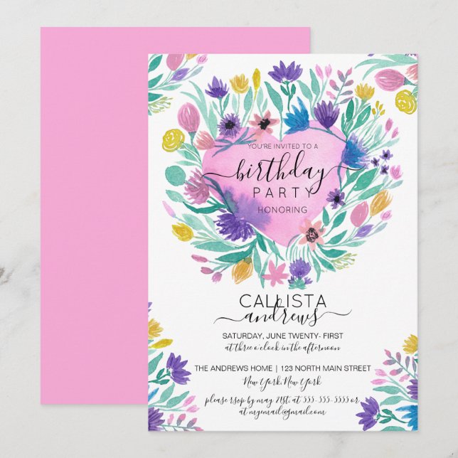 Pink Purple Yellow Heart Flower Leaves Birthday Invitation (Front/Back)