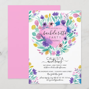 Pink Purple Yellow Heart Flowers Leaf Bachelorette Invitation