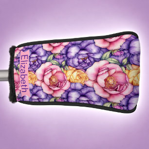 Pink Purple Yellow Peony Floral Personalised Golf Head Cover