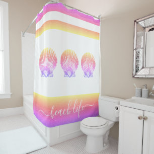 Pink purple yellow seashell beach life script bold shower curtain