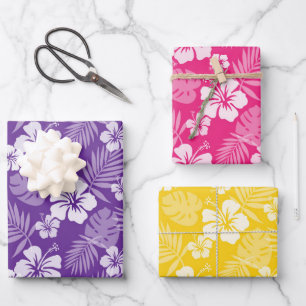 PINK PURPLE YELLOW TROPICAL HIBISCUS FLOWERS WRAPPING PAPER SHEET