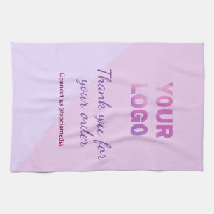 Pink purple your logo connect with us social media tea towel