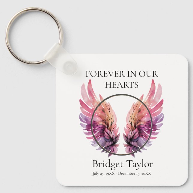 Pink & Purples Angel Wings Funeral Photo Memorial Key Ring (Front)