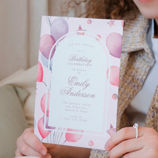 Pink Purples | Balloons Stars Birthday Party Girl Invitation (Creator Uploaded)