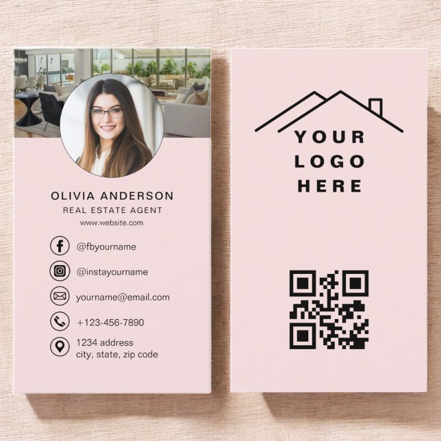 Pink QR Code Real Estate Agent Photo Logo Business Card (Creator Uploaded)