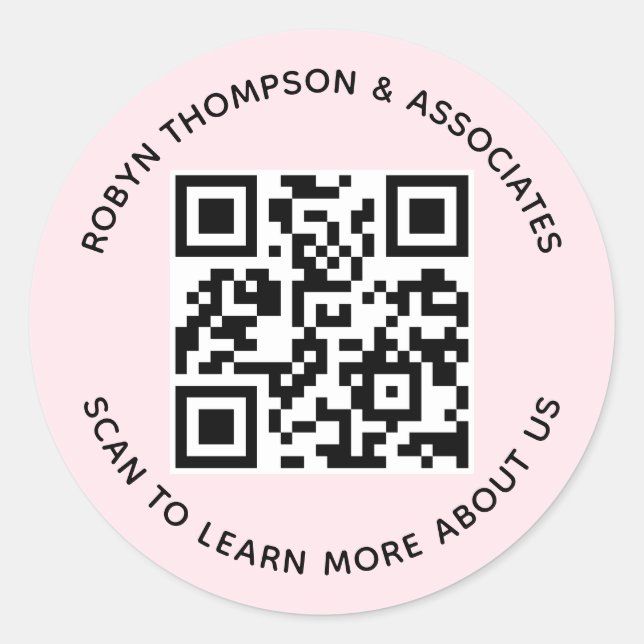 Pink QR Code Stickers Round Business Name Labels (Front)