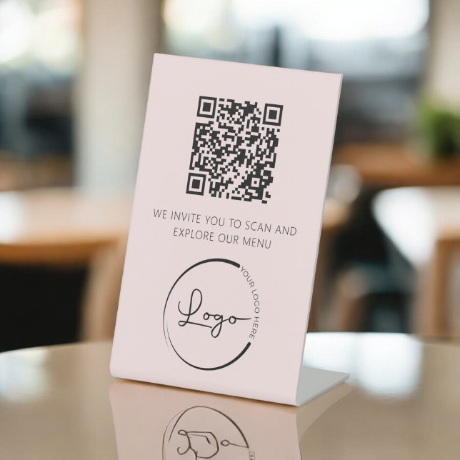 Pink QR Code White Menu Logo Modern Restaurant Pedestal Sign (Creator Uploaded)