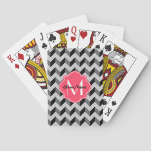 Pink Quatrefoil Monogram Black and Grey Chevron Playing Cards