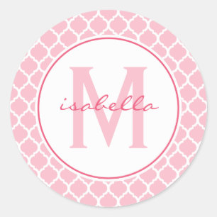 Pink Quatrefoil Monogram Classic Round Sticker