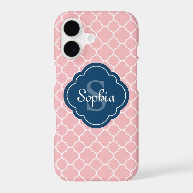 Pink Quatrefoil Pattern Navy Monogram (Back)