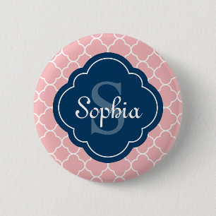 Pink Quatrefoil Pattern Navy Monogram 6 Cm Round Badge