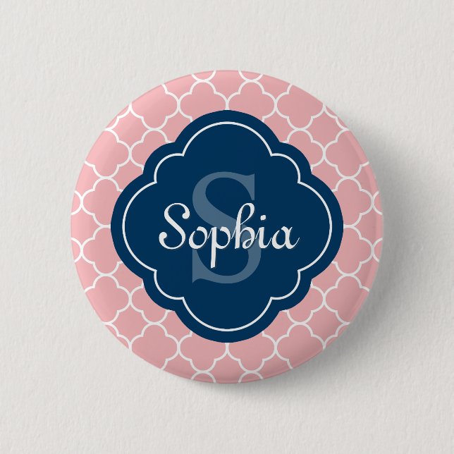 Pink Quatrefoil Pattern Navy Monogram 6 Cm Round Badge (Front)