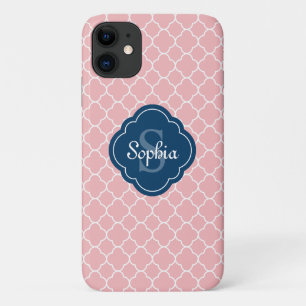 Pink Quatrefoil Pattern Navy Monogram iPhone 11 Case