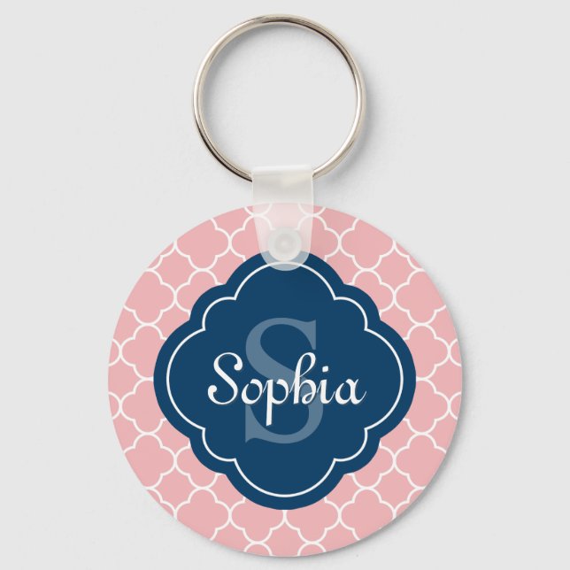 Pink Quatrefoil Pattern Navy Monogram Key Ring (Front)