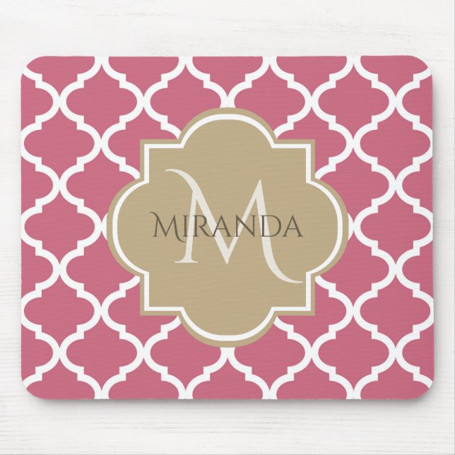 Pink Quatrefoil With Girly Monogram and Name Mouse Pad (Front)