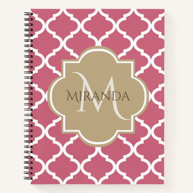 Pink Quatrefoil With Girly Monogram and Name Notebook (Front)