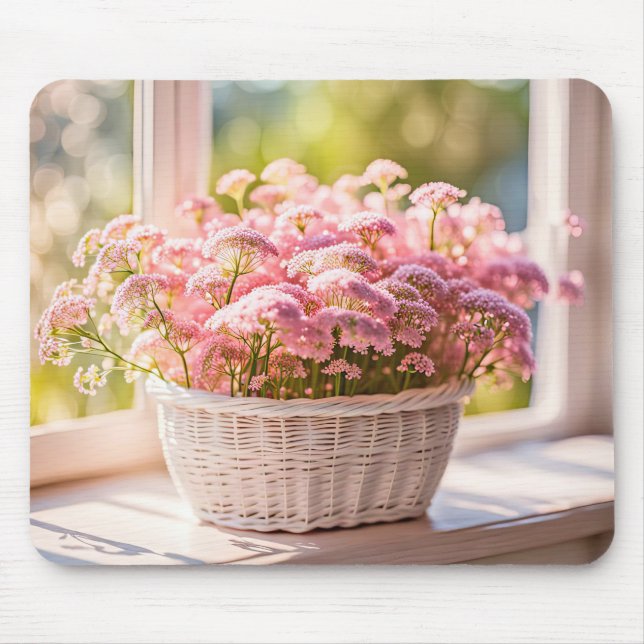 Pink Queen Anne's Lace In Wicker Basket Mouse Pad (Front)