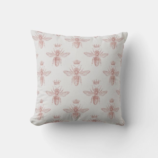 Pink Queen Bees on White Decoupage Cushion (Front)