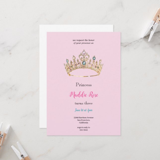 Pink queen crown birthday party invitation (Front/Back In Situ)